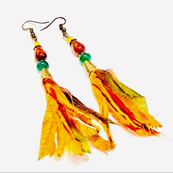 JK Designs Jewelry - Bohemian Blaze Red Brown Jasper Green Jadeite & Multi Color Silk Tassel Earrings